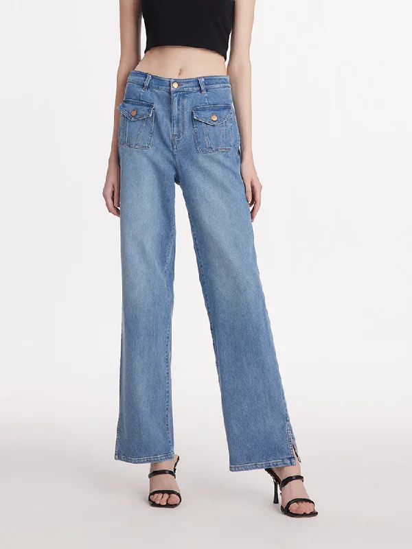 Straight Slit Women Jeans With Patch Pockets