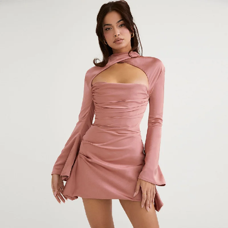 BerryBetty - Long Sleeve Draped Satin Mini Dress - Pink