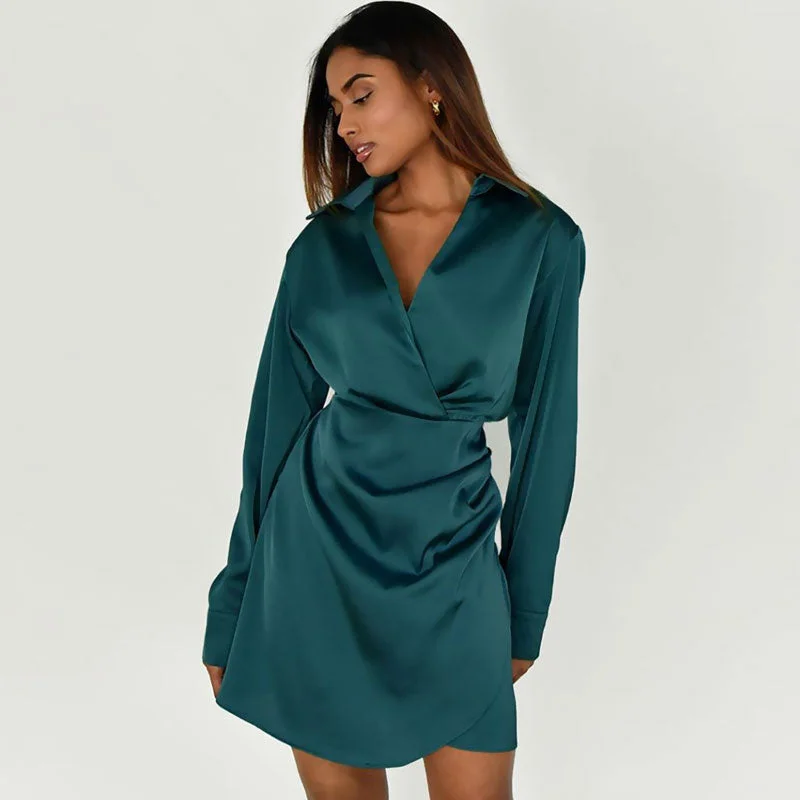 BerryBetty - V Neck Long Sleeve Shirt Mini Dress - Teal Green