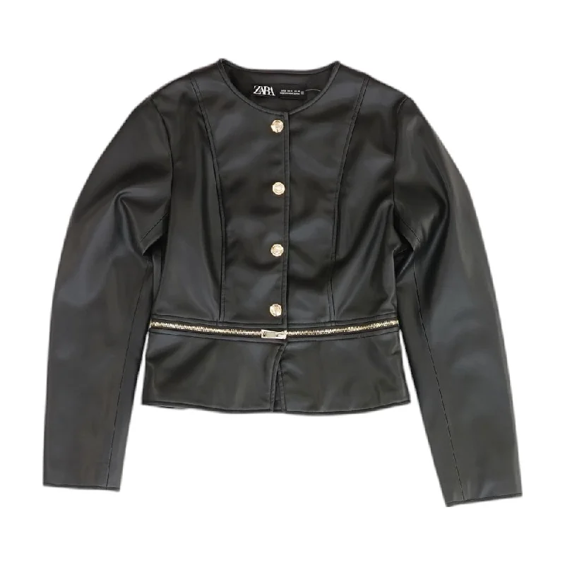 Black Solid Faux Leather Jacket