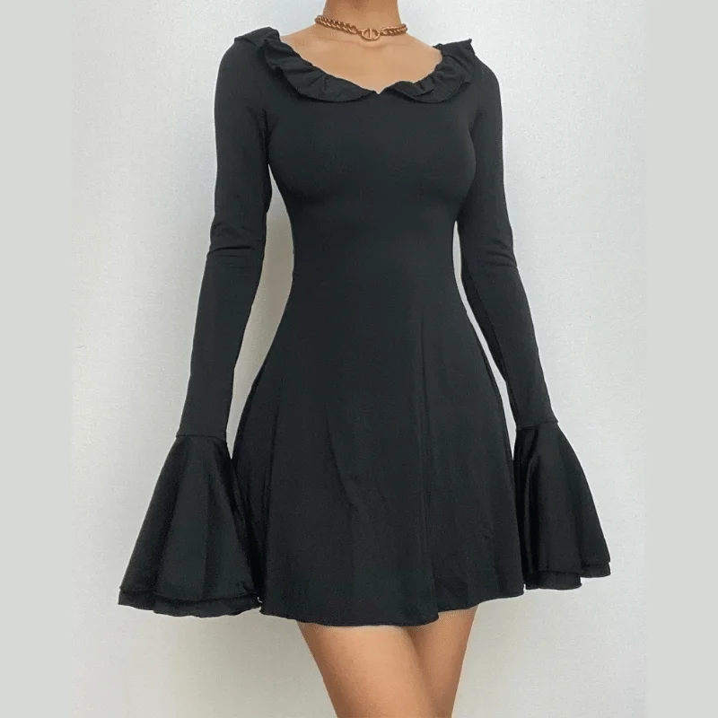 BerryBetty - Ruffle long flared sleeve round neck solid mini dress