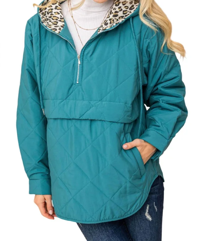 Quilted Half Zip Up Leopard Detailed Hoodie In Teal