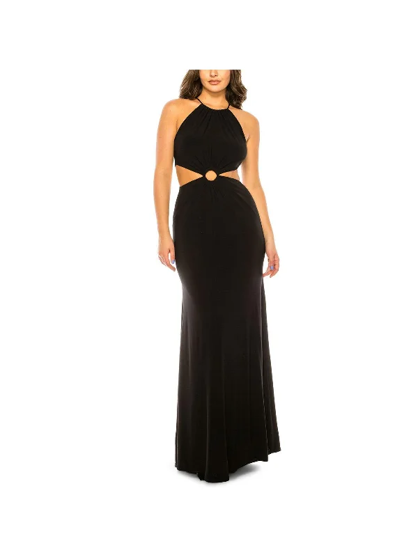 Juniors Womens Cut Out Halter Evening Dress