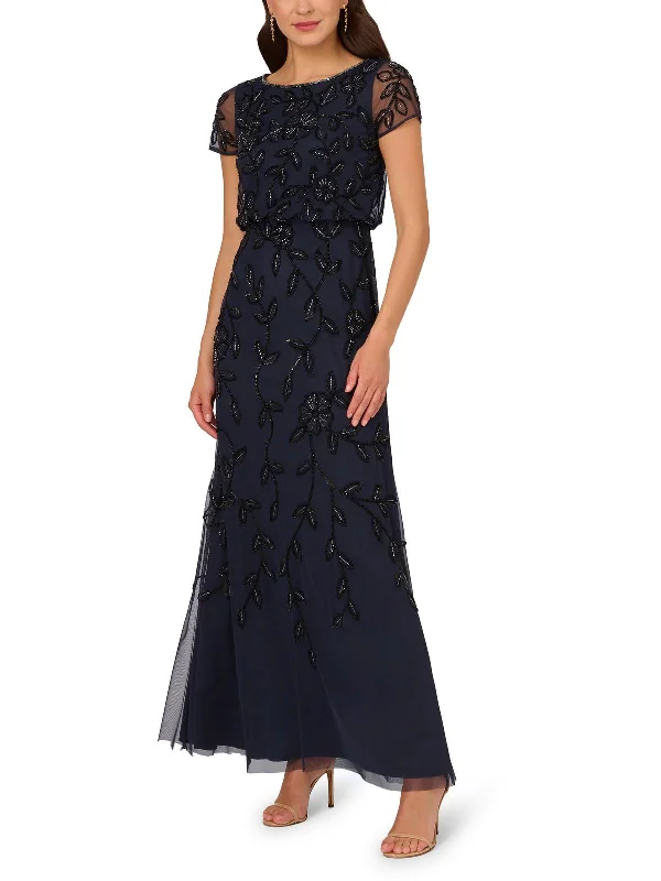 Petites Womens Sequin Beaded Evening Dress