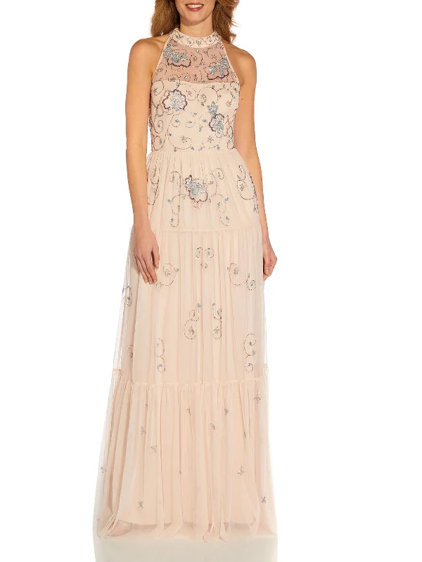 Womens Beaded Halter Evening Dress