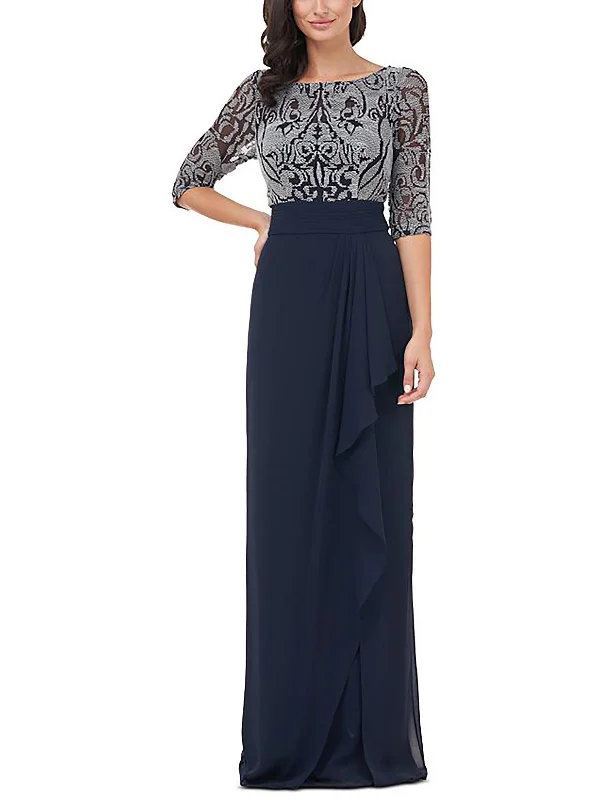 Womens Embellished Draped Evening Dress