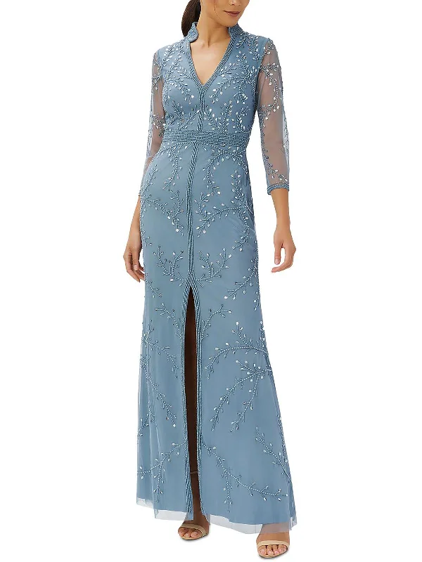 Womens Embellished Sheer Sleeve Evening Dress