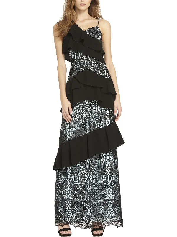 Womens Mixed Media Cascade Ruffle Evening Dress