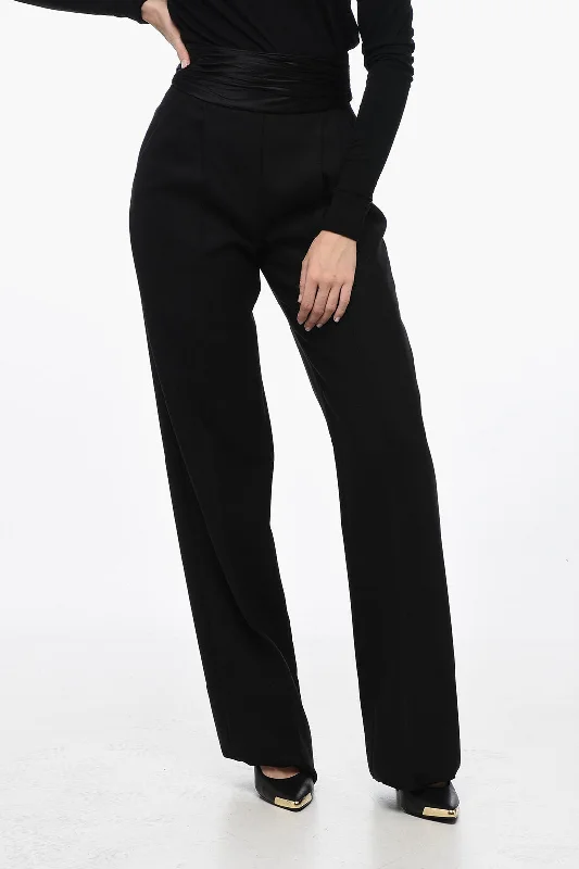 LaQuan Smith Pleated Tailored Pants with Sash-Belt