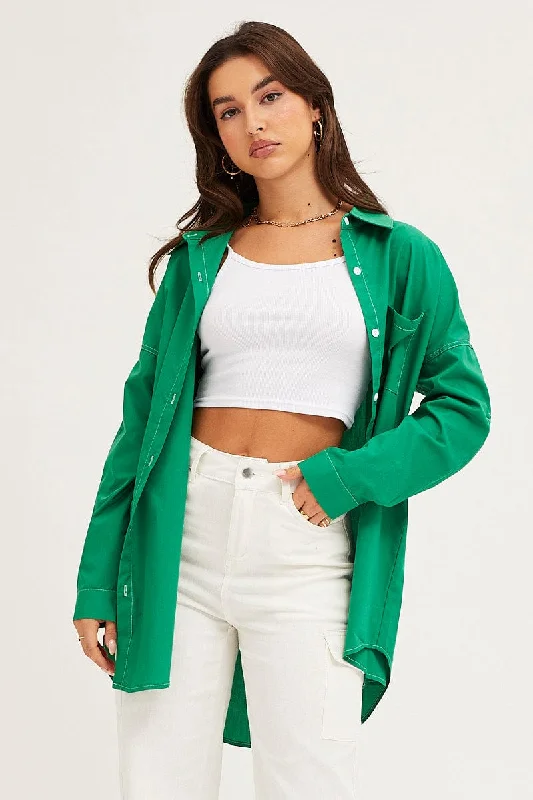 Green Oversized Contrast Stitch Button Up Shirt