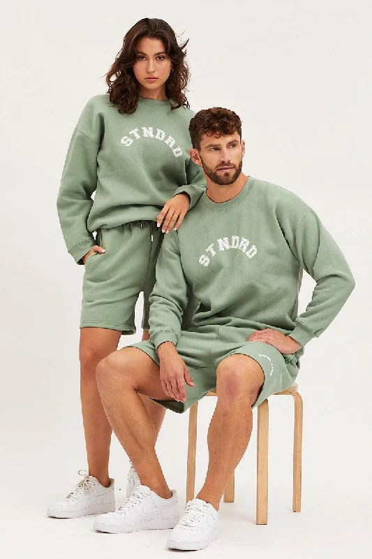 Green Unisex Sweatshirts Oversized Crew Neck