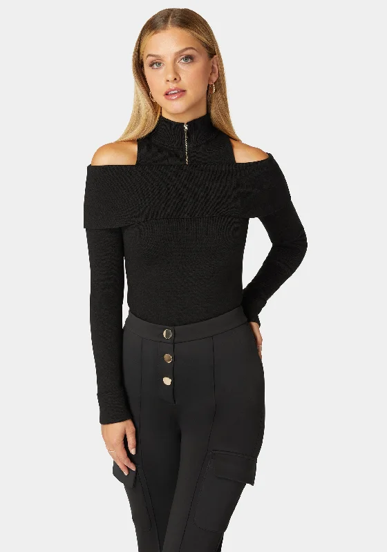 Mock Neck Zip Detail Cold Shoulder Sweater