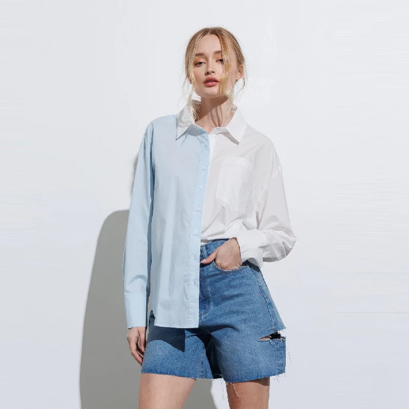 Oversized Colour Block Button Down Shirt (Blue)