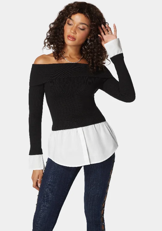 Poplin Combo Fold Over Off Shoulder Sweater Top