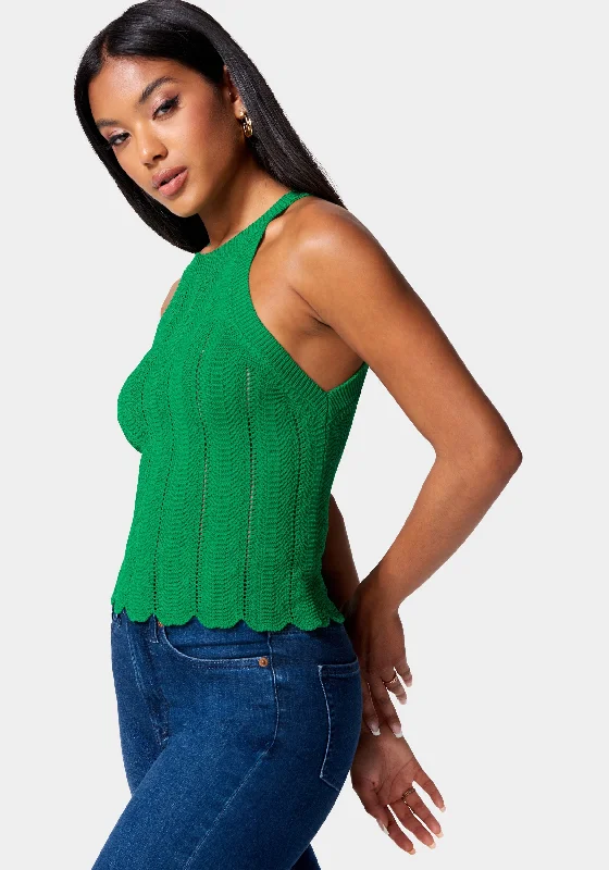 Scallop Hem Pointelle Sweater Halter Top